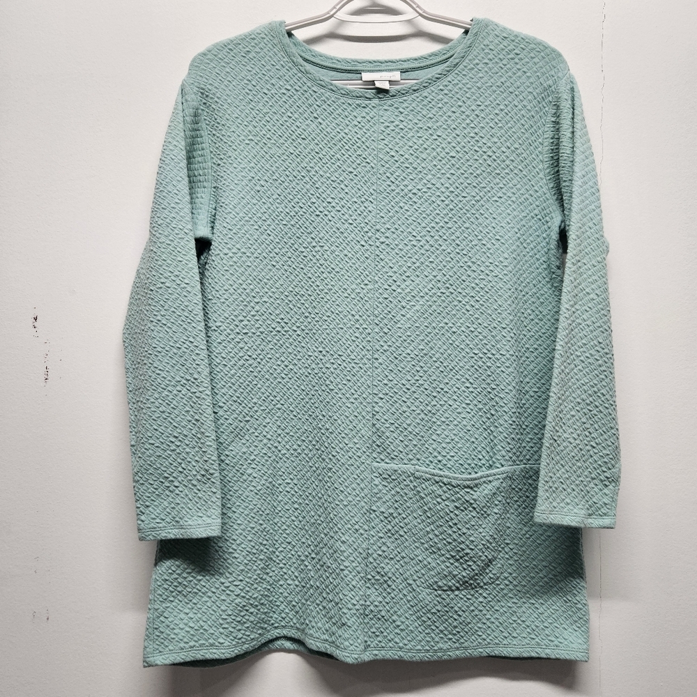 Pure Jill Teal Waffle Knit Tunic Top Womens Small Petite 3/4 Sleeve Boho Cottage
